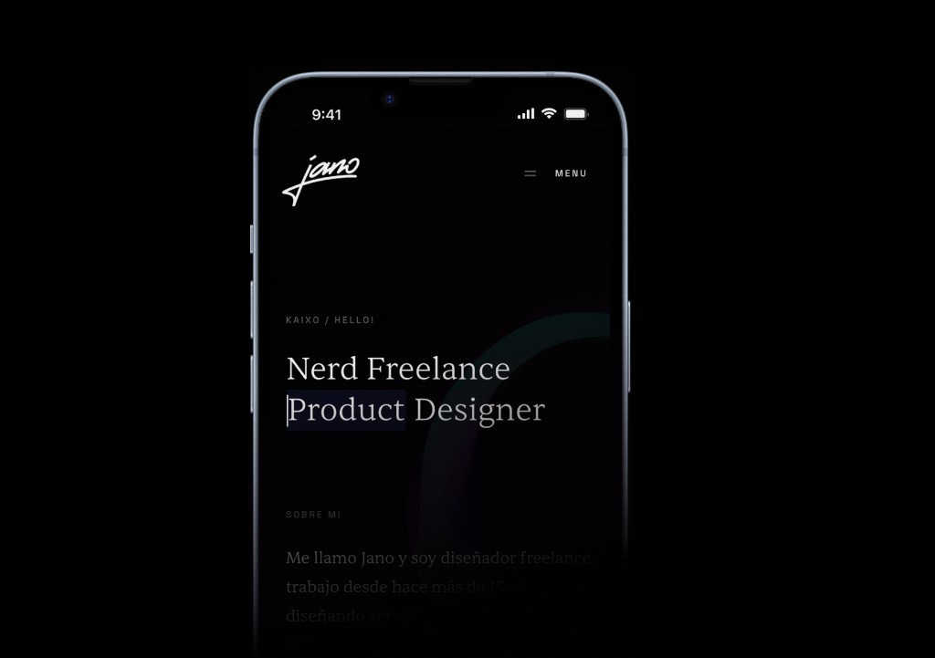 Captura de la home en un iPhone: Kaixo / Hello! y el titular Nerd Freelance Product Designer