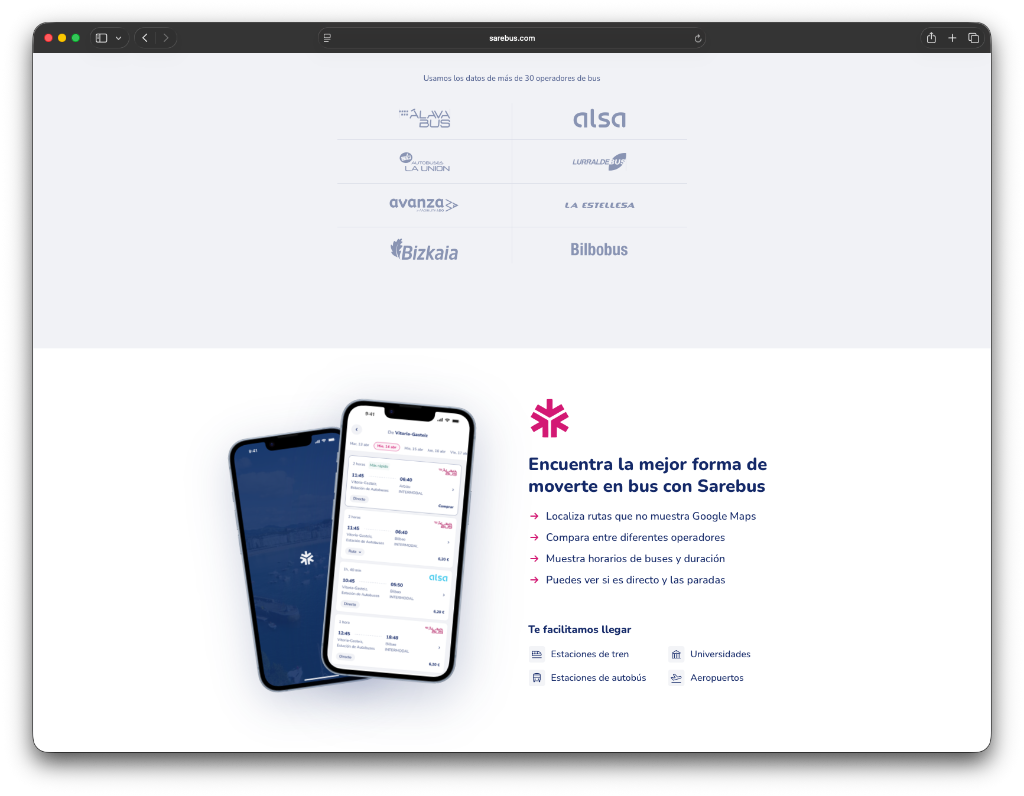 Web de Sarebus: logos de los operadores de autobús y la app en dos móviles junto a sus ventajas